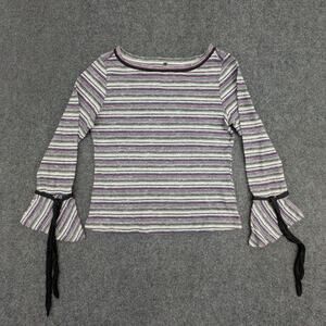 Latin Quarters Top Womens M Grey Striped Long Bell Sleeve Black Ribbon Blouse